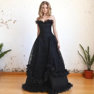 1980s Gothic Black‎ Lace Gown | Whimsigoth Tulle Bustle | Black Wedding Dress S